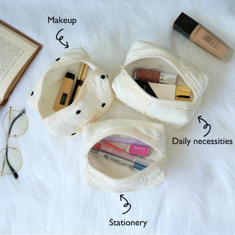 Sminra White Makeup Bag Small Nylon Cotton Quilted Cosmetic Makeup Bag Organizer  Aesthetic Floral Waterproof Portable Pouch Purse Toiletry Bag for Women Girls Travel accessories (White Lace-S) - Image 3